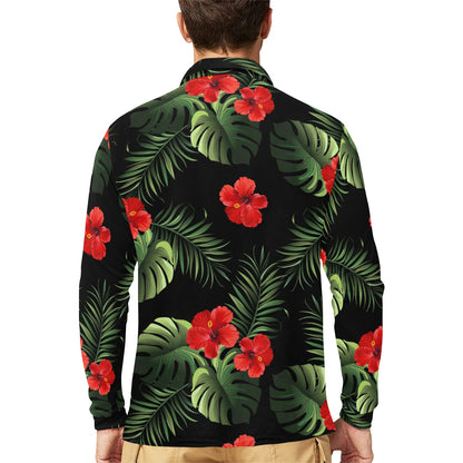 Red Hibiscus Tropical Long Sleeve Polo Shirt For Men's