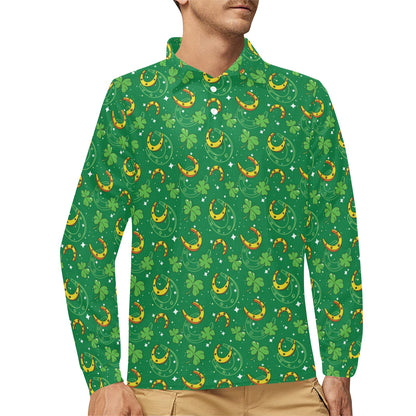 Shamrock With Horse Shoes Print Design LKS305 Long Sleeve Polo Shirt For Men's