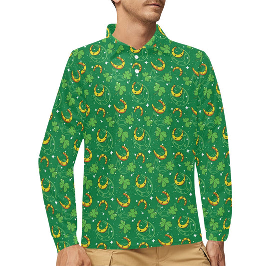 Shamrock With Horse Shoes Print Design LKS305 Long Sleeve Polo Shirt For Men's