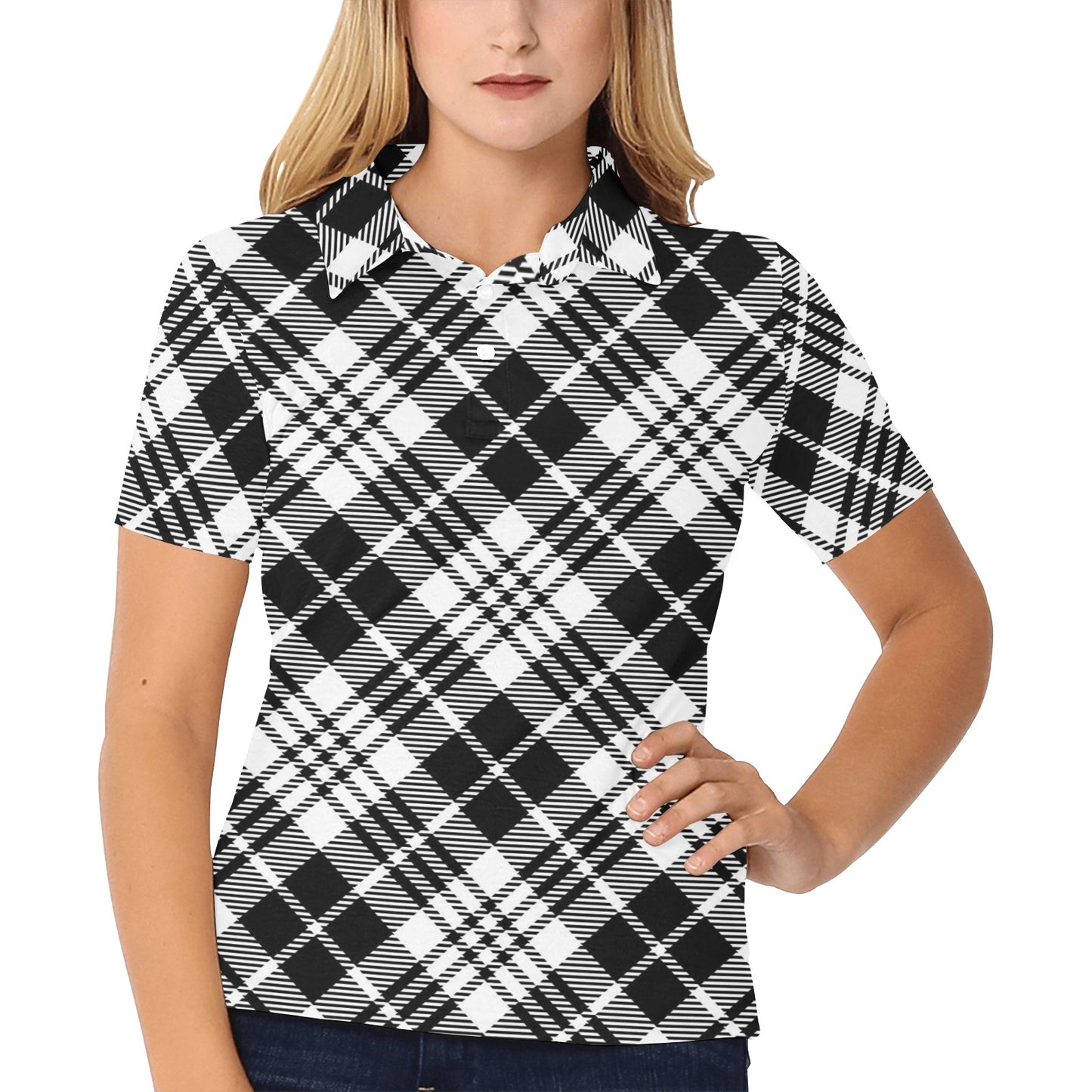 Plaid Black White Pattern Print Design A02 Women's Polo Shirt