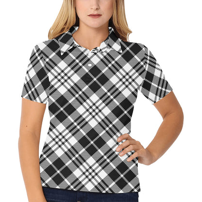 Plaid Black White Pattern Print Design A02 Women's Polo Shirt