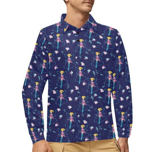 Fairy Cartoon Style Print Pattern Long Sleeve Polo Shirt For Men's