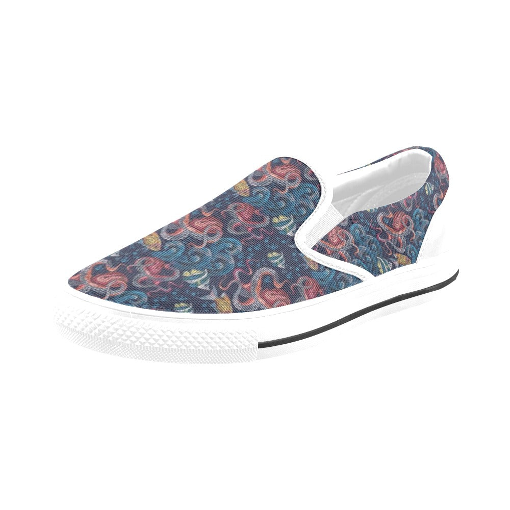 Underwater Giant Squid Print Design LKS302 White Slip Ons Canvas Women's Shoes
