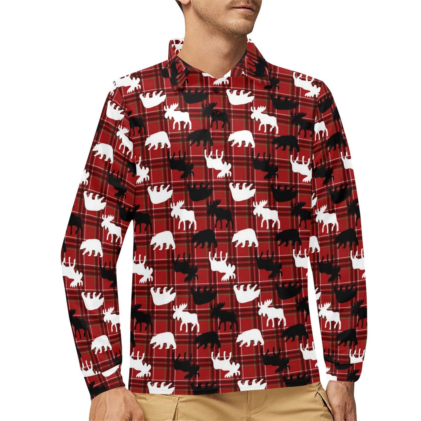 Moose Print Design LKS401 Long Sleeve Polo Shirt For Men's
