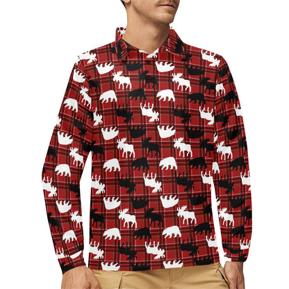 Moose Print Design LKS401 Long Sleeve Polo Shirt For Men's