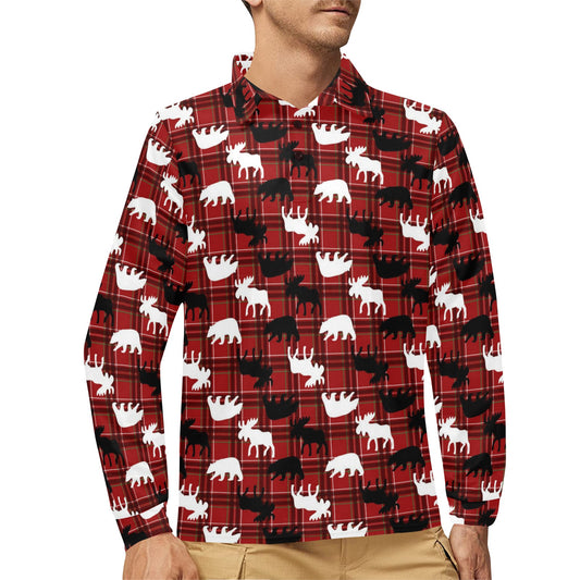 Moose Print Design LKS401 Long Sleeve Polo Shirt For Men's