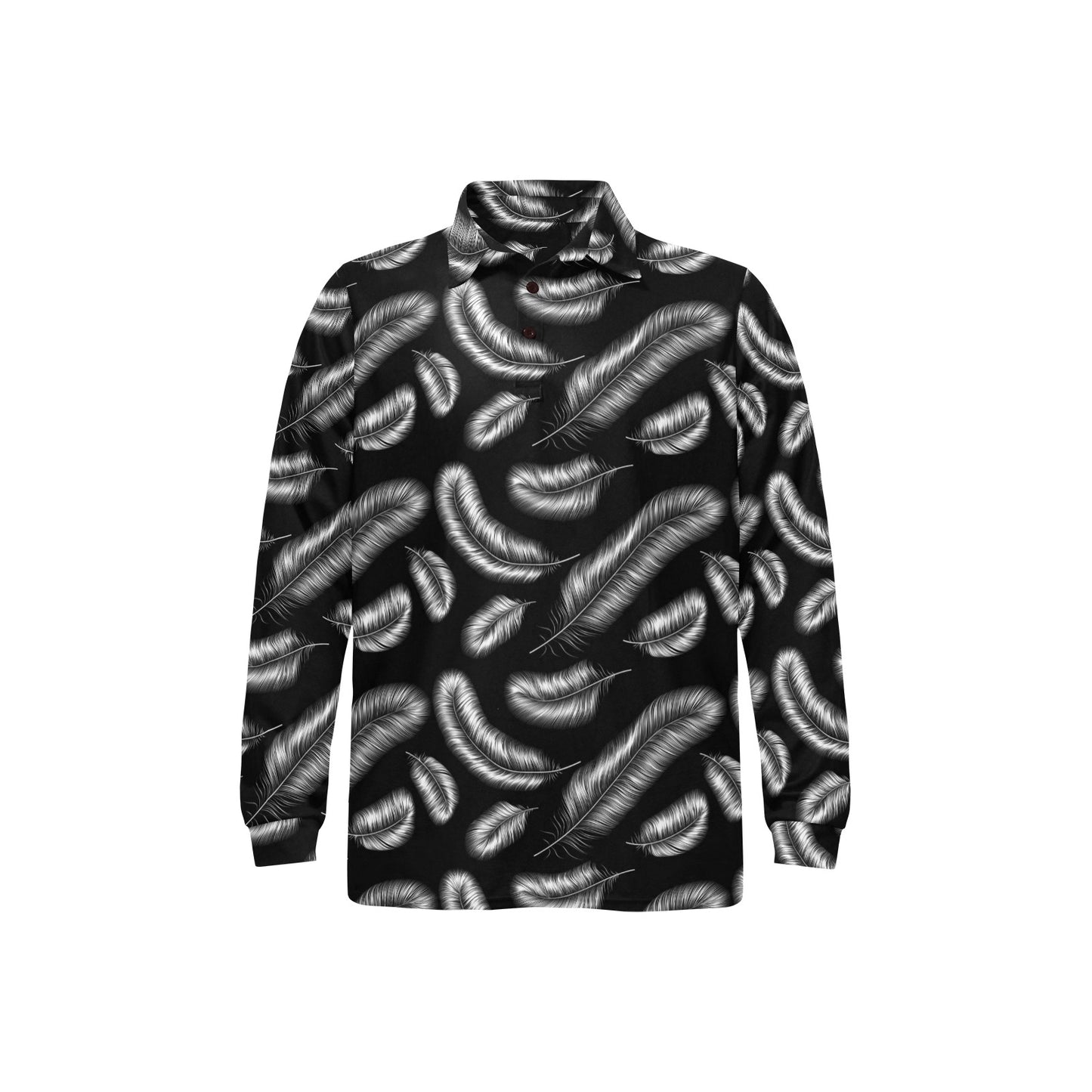 Feather Black White Design Print Long Sleeve Polo Shirt For Men's