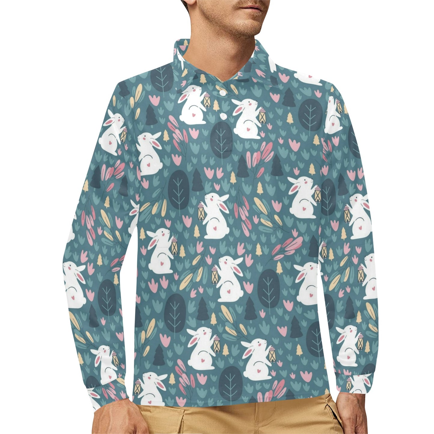 Rabbit Pattern Print Design RB013 Long Sleeve Polo Shirt For Men's
