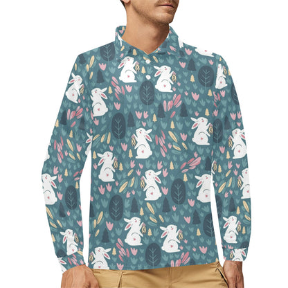 Rabbit Pattern Print Design RB013 Long Sleeve Polo Shirt For Men's