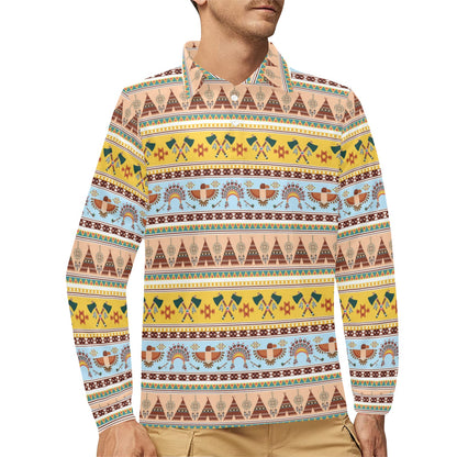Native American Pattern Design Print Long Sleeve Polo Shirt For Men's
