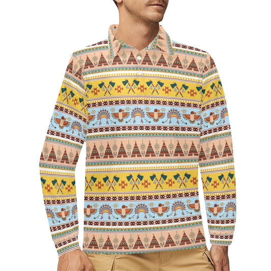 Native American Pattern Design Print Long Sleeve Polo Shirt For Men's