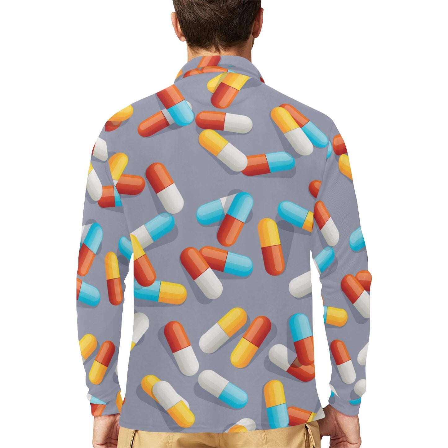 Pill Pattern Print Design A01 Long Sleeve Polo Shirt For Men's