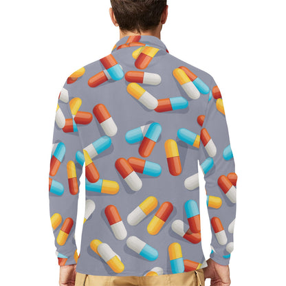 Pill Pattern Print Design A01 Long Sleeve Polo Shirt For Men's