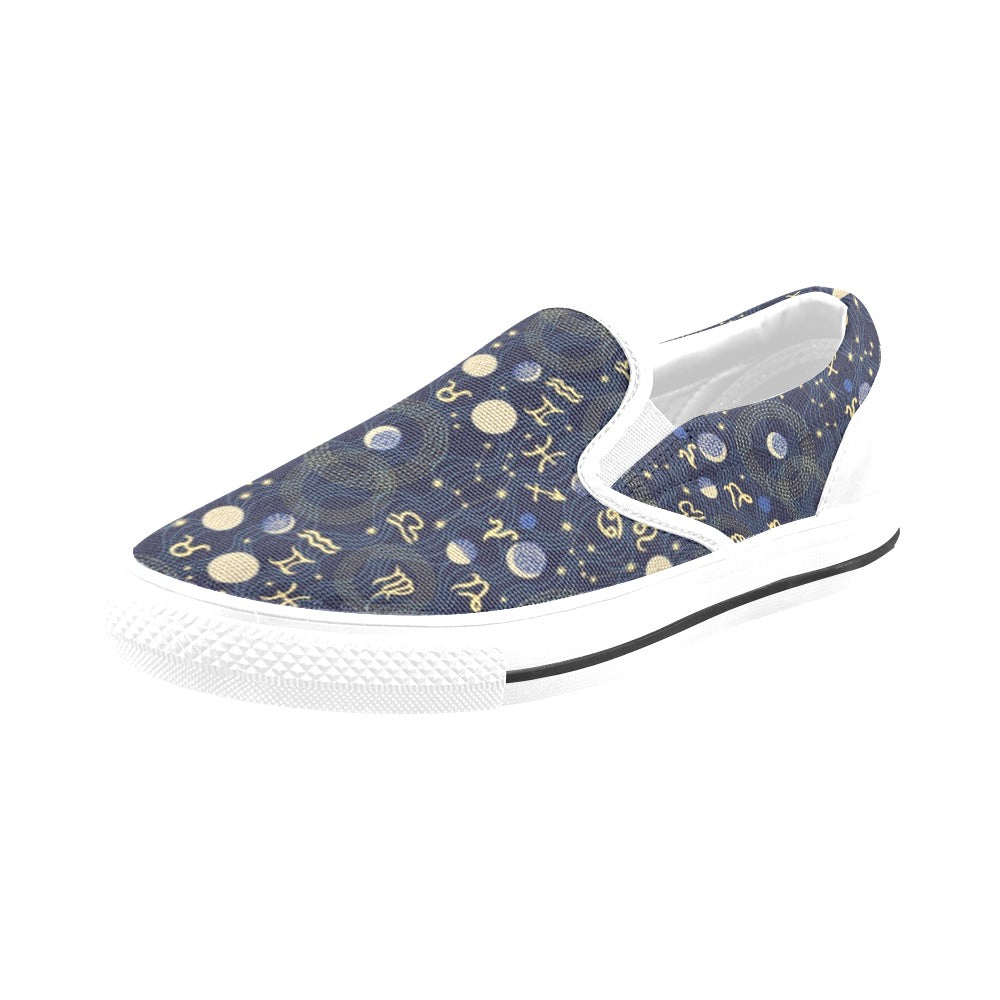 Zodiac Print Design LKS302 White Slip Ons Canvas Women's Shoes