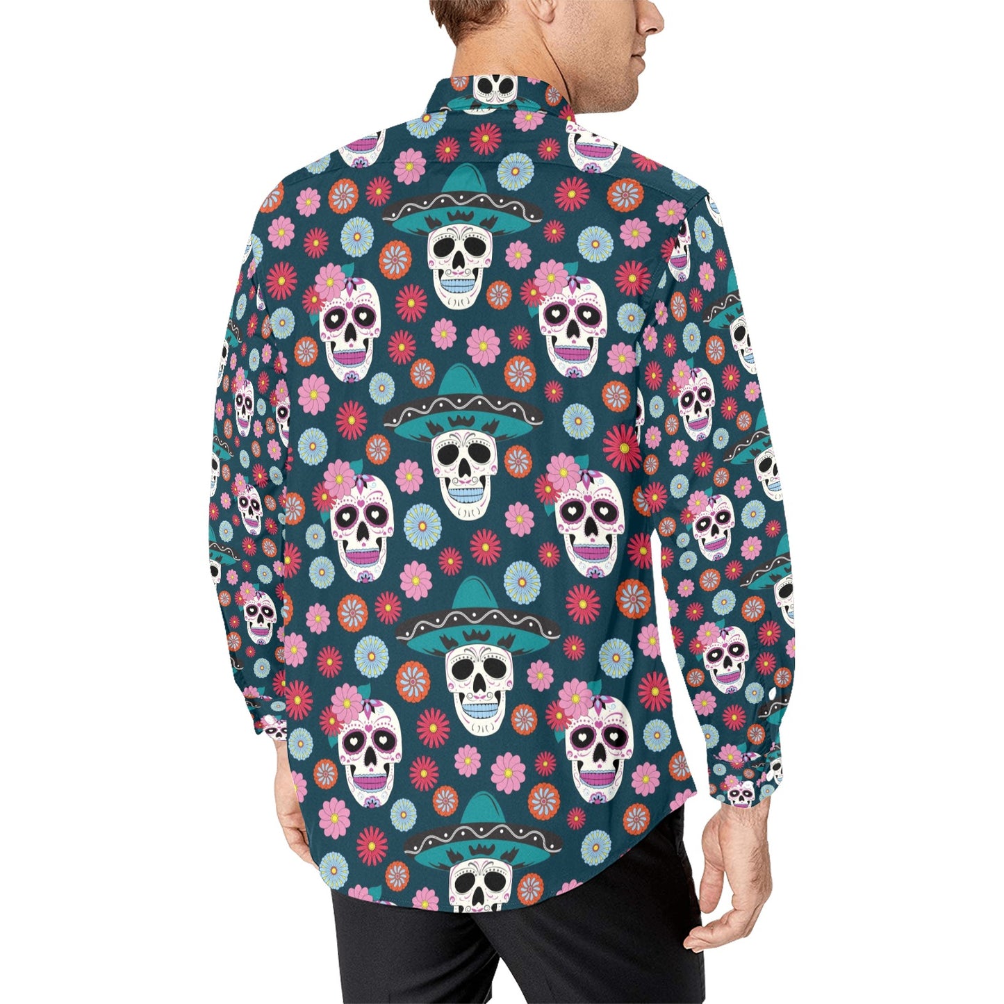Sugar Skull Print Design LKS308 Men's Long Sleeve Dress Shirt