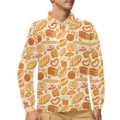 Bread Pattern Print Design 01 Long Sleeve Polo Shirt For Men's