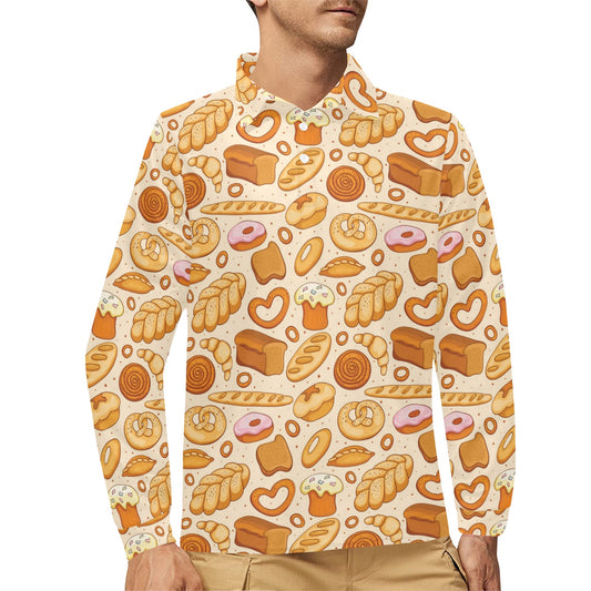 Bread Pattern Print Design 01 Long Sleeve Polo Shirt For Men's