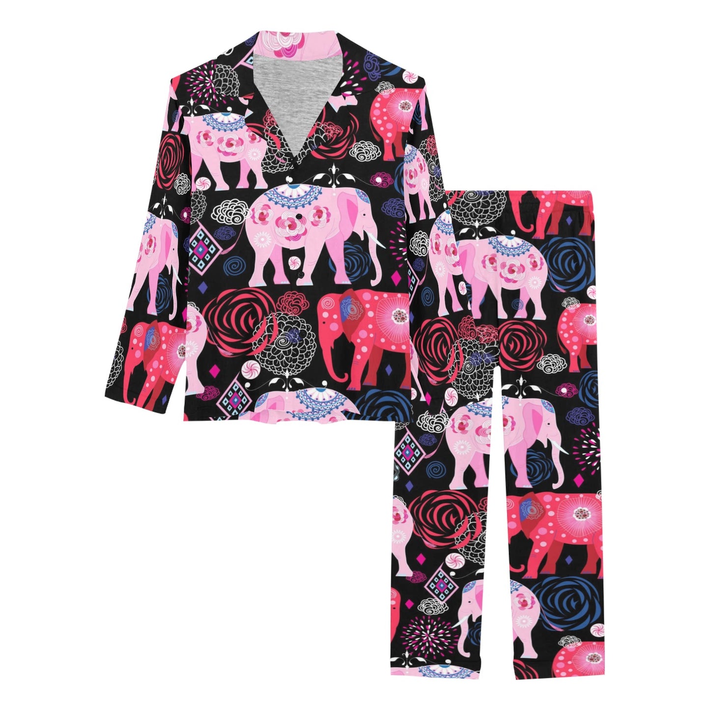 Pink Elephant Pattern Women's Long Pajama Set