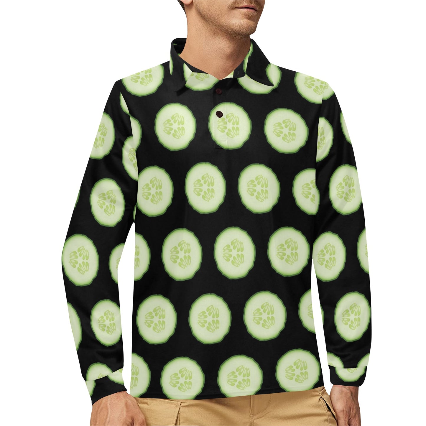 Cucumber Pattern Print Design CC02 Long Sleeve Polo Shirt For Men's