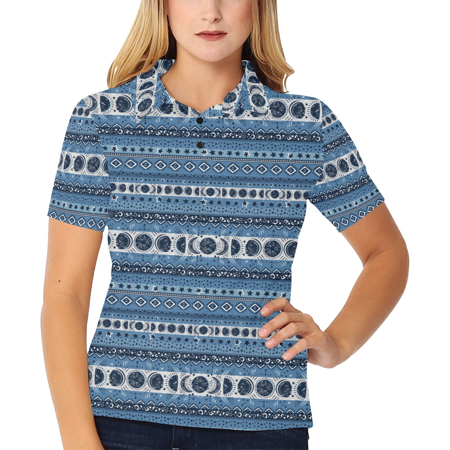 Sun Moon Pattern Print Design LKS306 Women's Polo Shirt