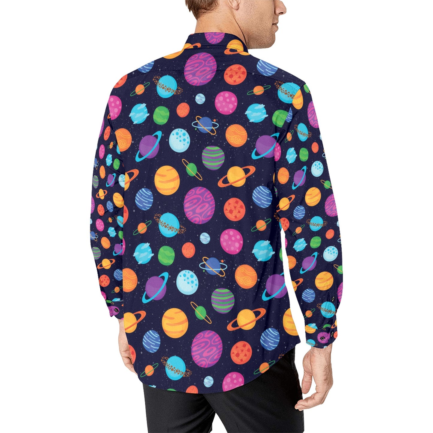 Planet Multicolor Print Design LKS302 Men's Long Sleeve Dress Shirt