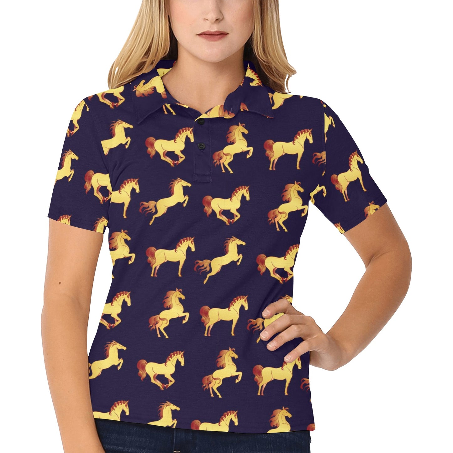 Gold Horse Pattern Women's Polo Shirt