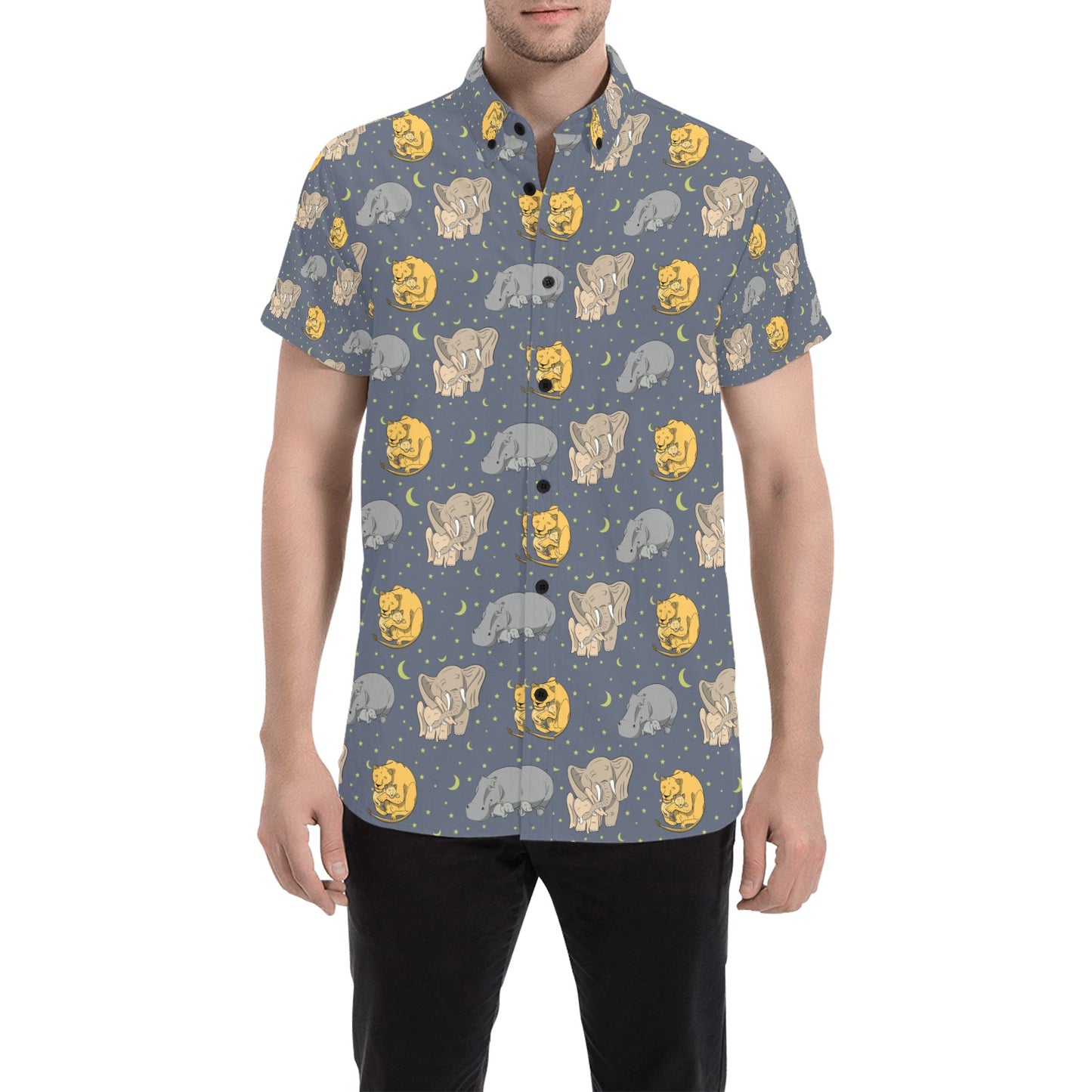 Safari Elephant Lion Print Design LKS303 Men Short Sleeve Button Up Shirt