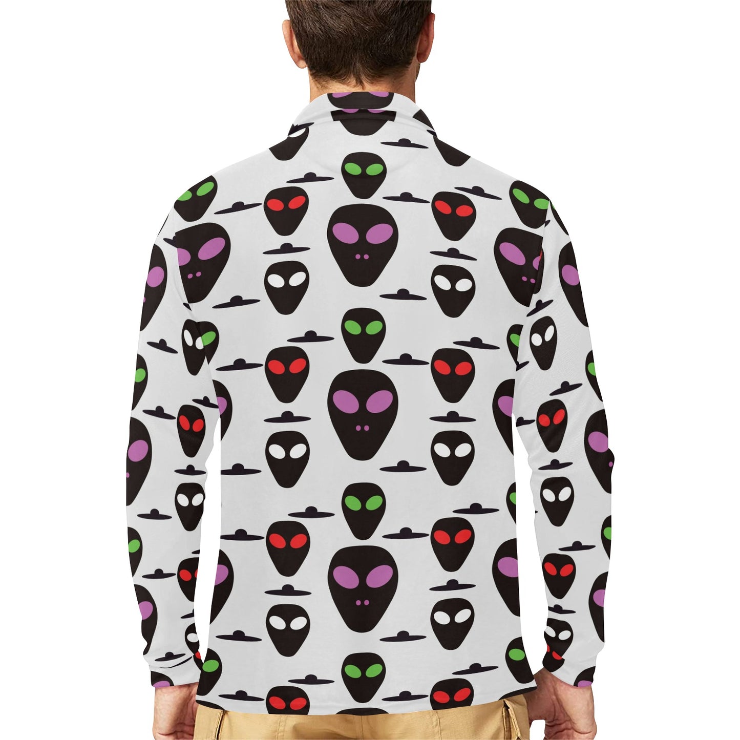 Alien Pattern Print Design 06 Long Sleeve Polo Shirt For Men's