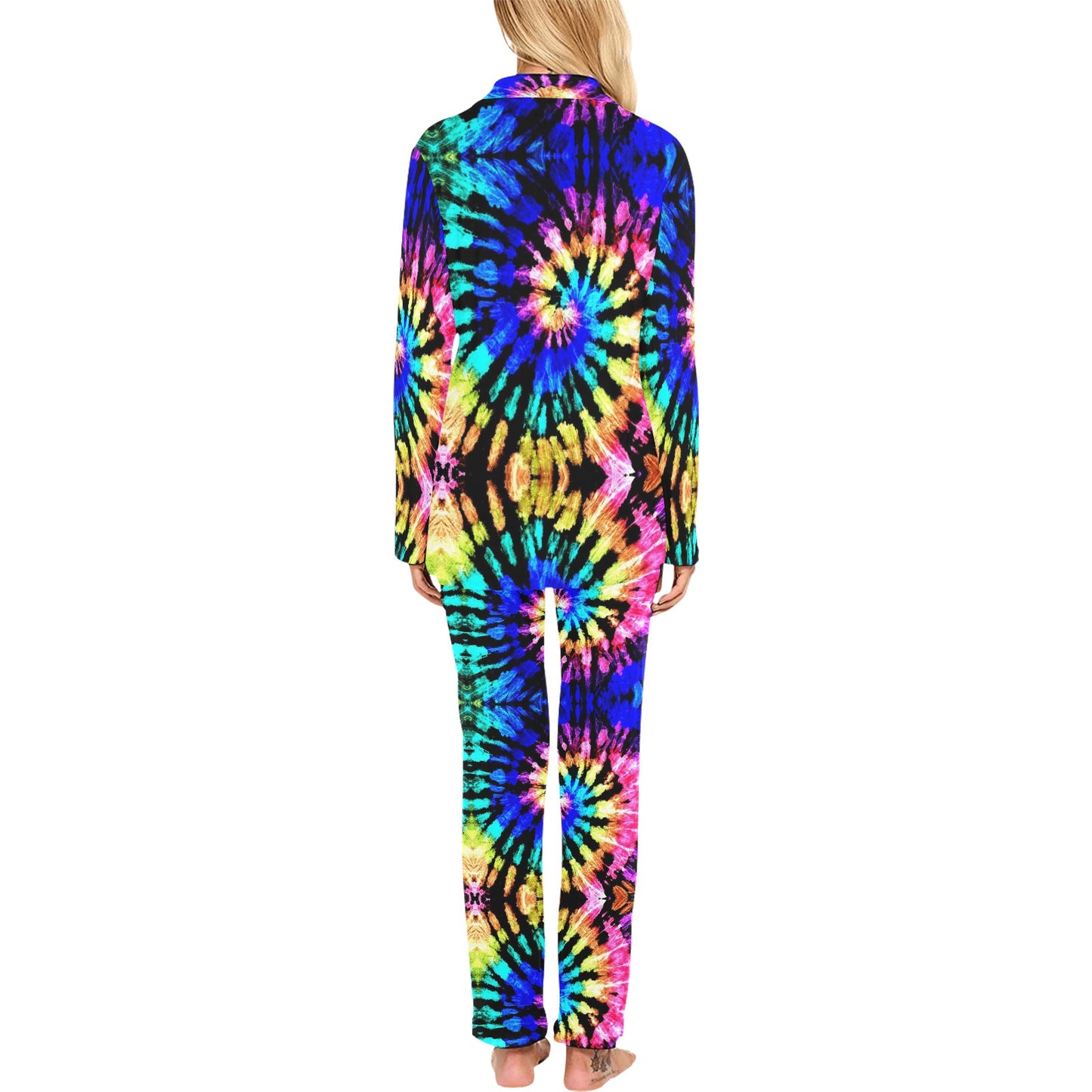 Tie Dye Rainbow Design Print Women's Long Pajama Set