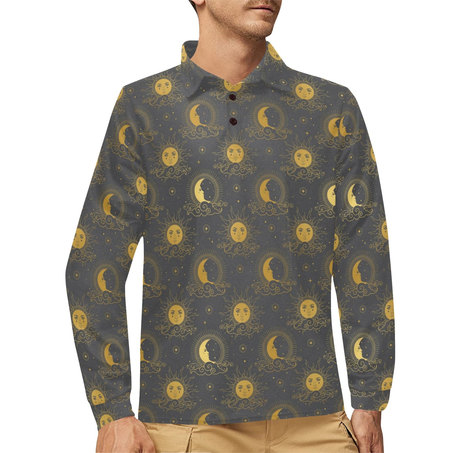 Sun Moon Print Design LKS305 Long Sleeve Polo Shirt For Men's