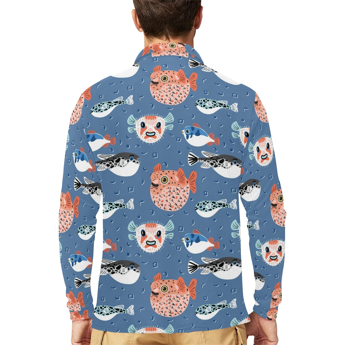 Fugu Pattern Print Design 02 Long Sleeve Polo Shirt For Men's