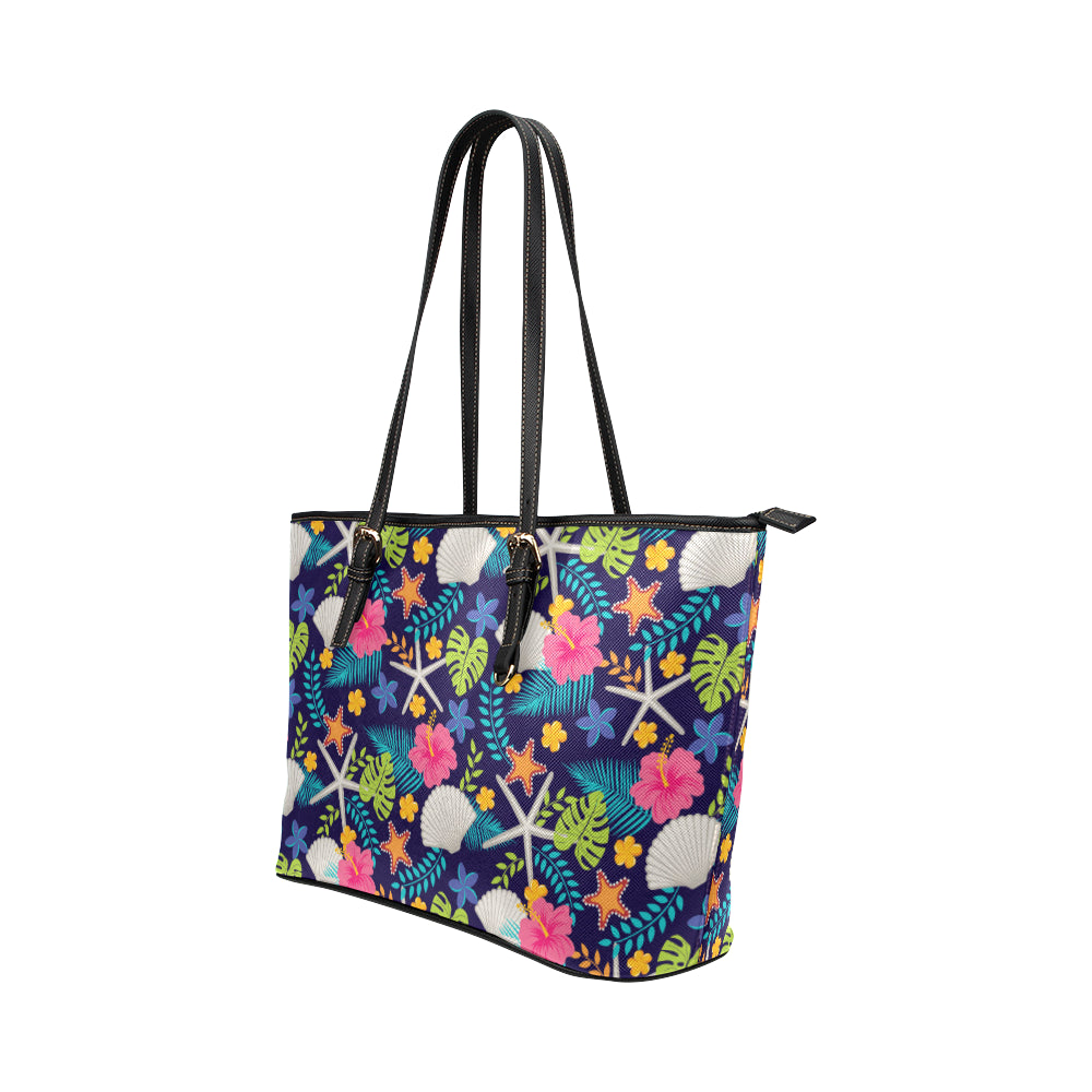 Beach Seashell Floral Theme Leather Tote Bag