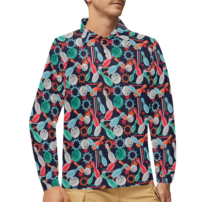 Bowling Pattern Print Design 08 Long Sleeve Polo Shirt For Men's