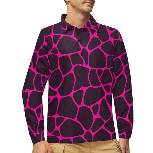 Giraffe Pink Background Texture Print Long Sleeve Polo Shirt For Men's