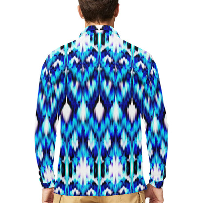 Ikat Blue Pattern Print Design 01 Long Sleeve Polo Shirt For Men's