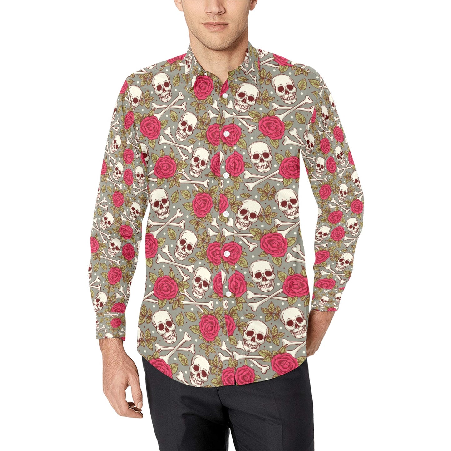 Skull Bone Rose Print Design LKS303 Men's Long Sleeve Dress Shirt