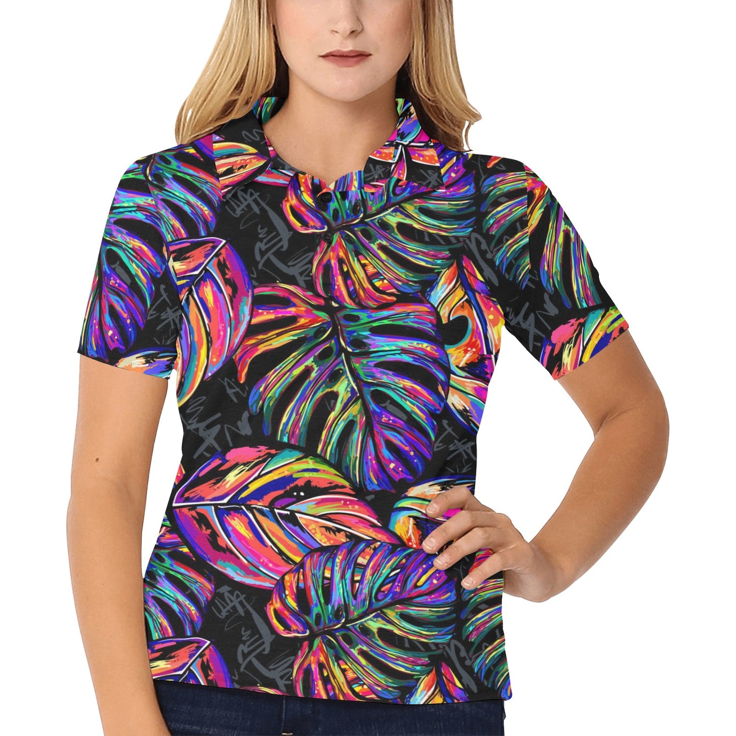 Neon Color Tropical Palm Leaves Women's Polo Shirt