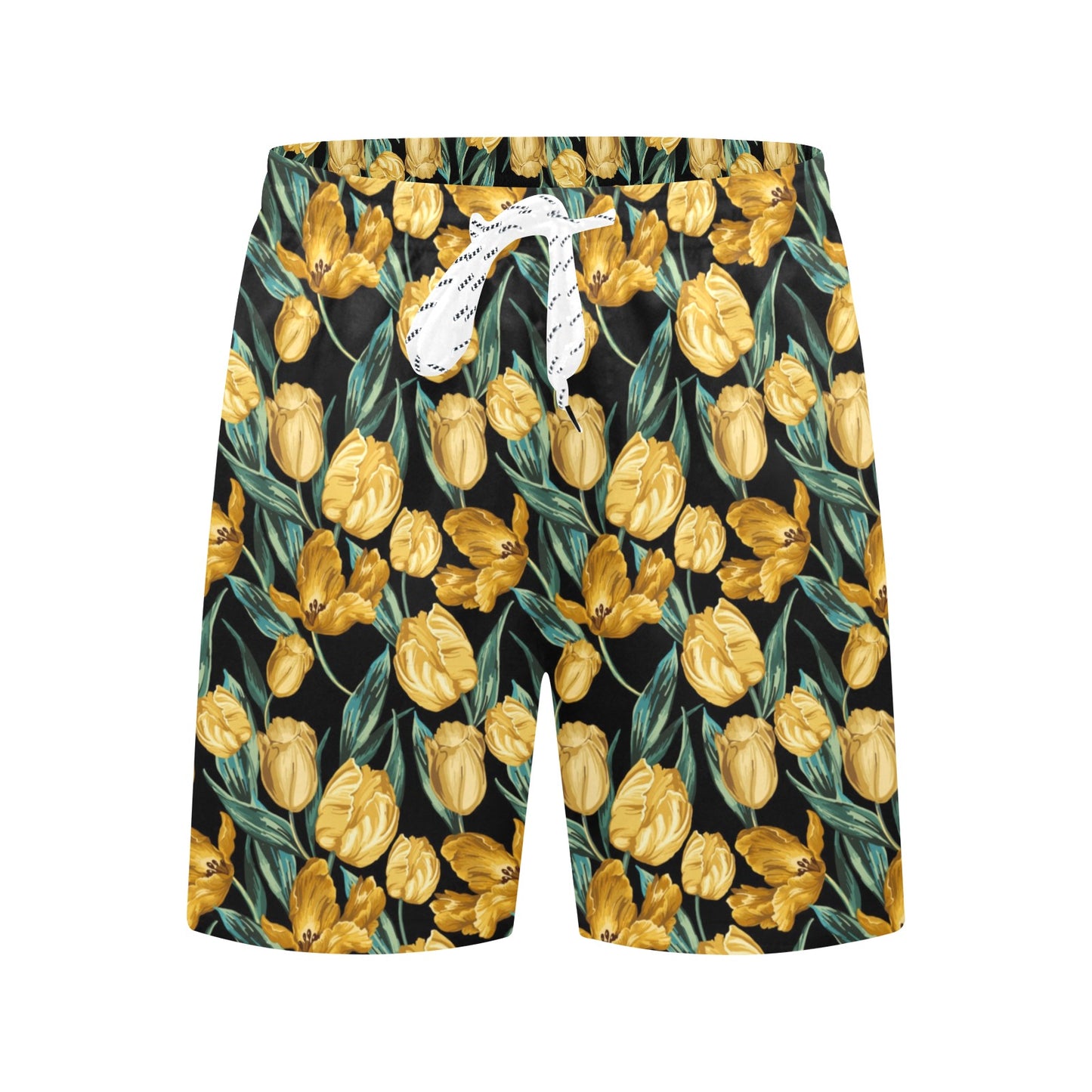 Elegant Yellow Tulip Print Men's Swim Trunks Beach Shorts