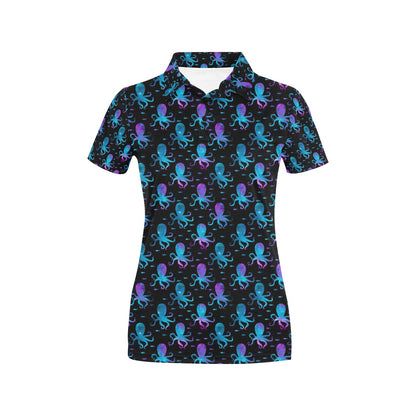 Octopus Blue Design Print Themed Women's Polo Shirt