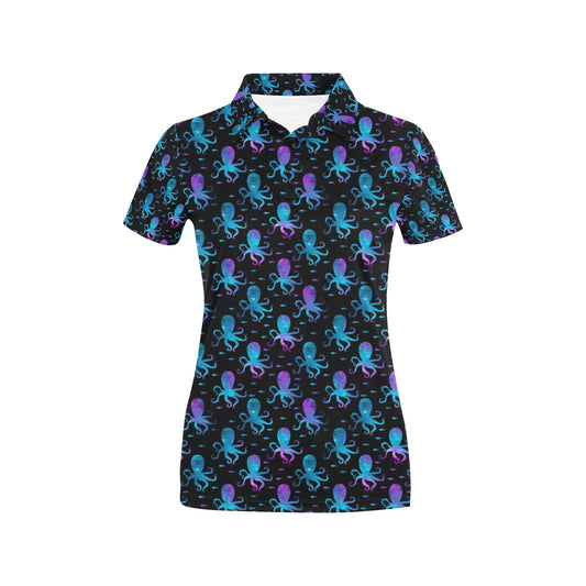 Octopus Blue Design Print Themed Women's Polo Shirt