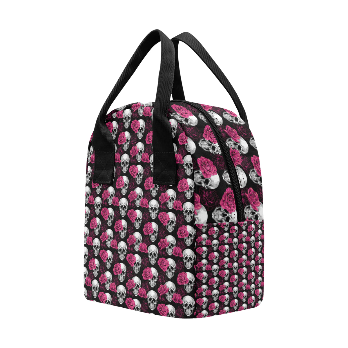 Pink Rose Skull Themed Print Insulated Lunch Bag