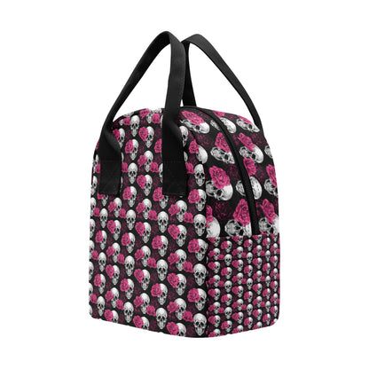 Pink Rose Skull Themed Print Insulated Lunch Bag