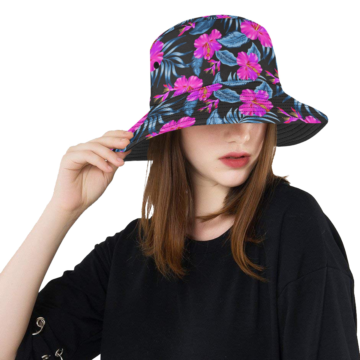 Neon Pink Hibiscus Pattern Print Design HB015 Unisex Bucket Hat