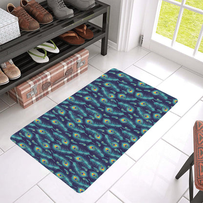 Peacock Feather Blue Design Print Rubber Doormat