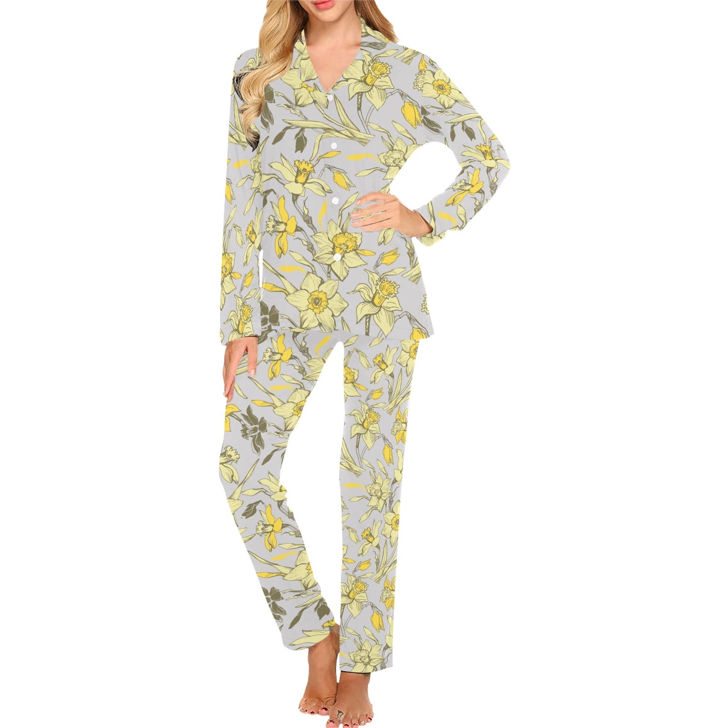 Daffodils Pattern Print Design DF05 Women's Long Pajama Set