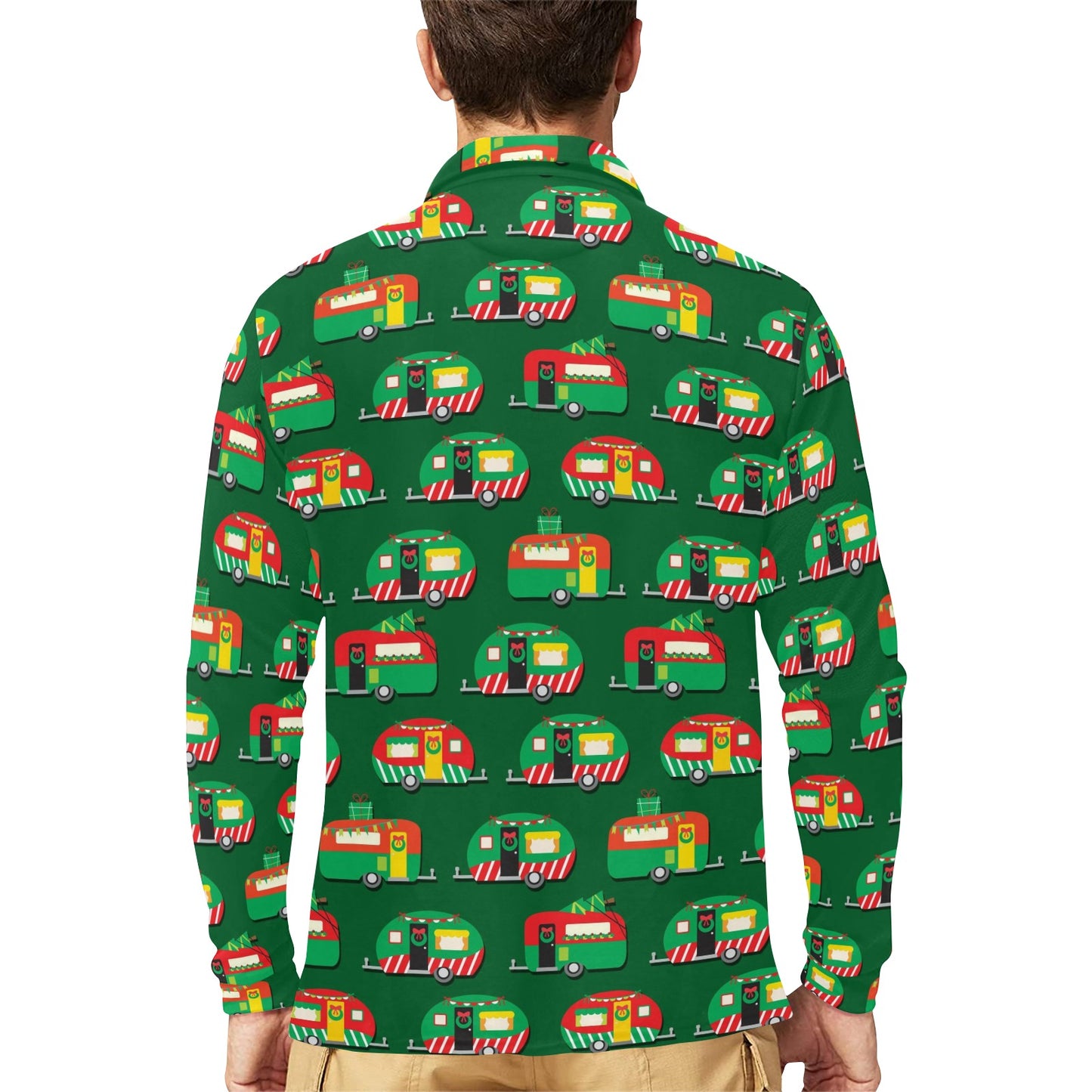 Camper Camping Christmas Themed Print Long Sleeve Polo Shirt For Men's