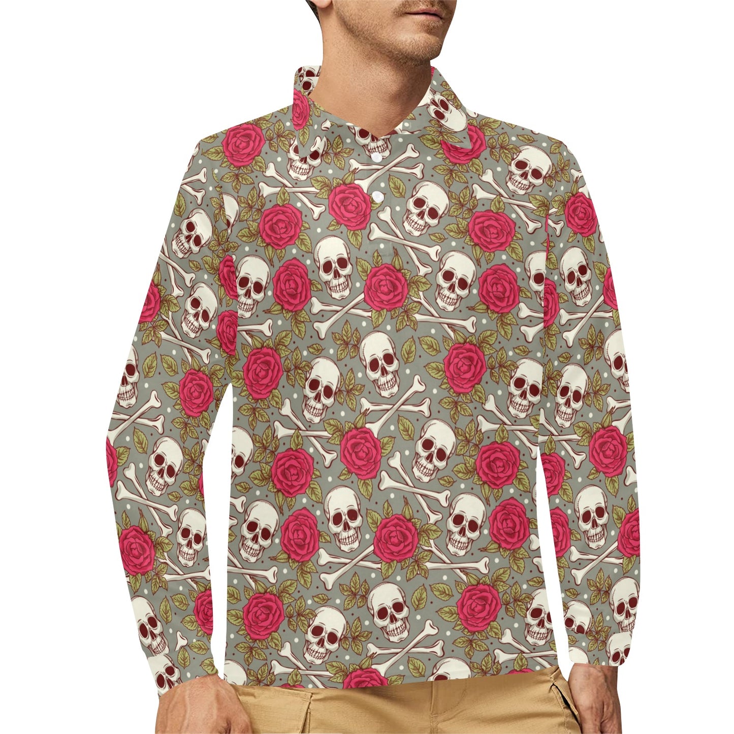 Skull Bone Rose Print Design LKS303 Long Sleeve Polo Shirt For Men's