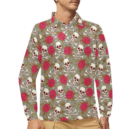 Skull Bone Rose Print Design LKS303 Long Sleeve Polo Shirt For Men's