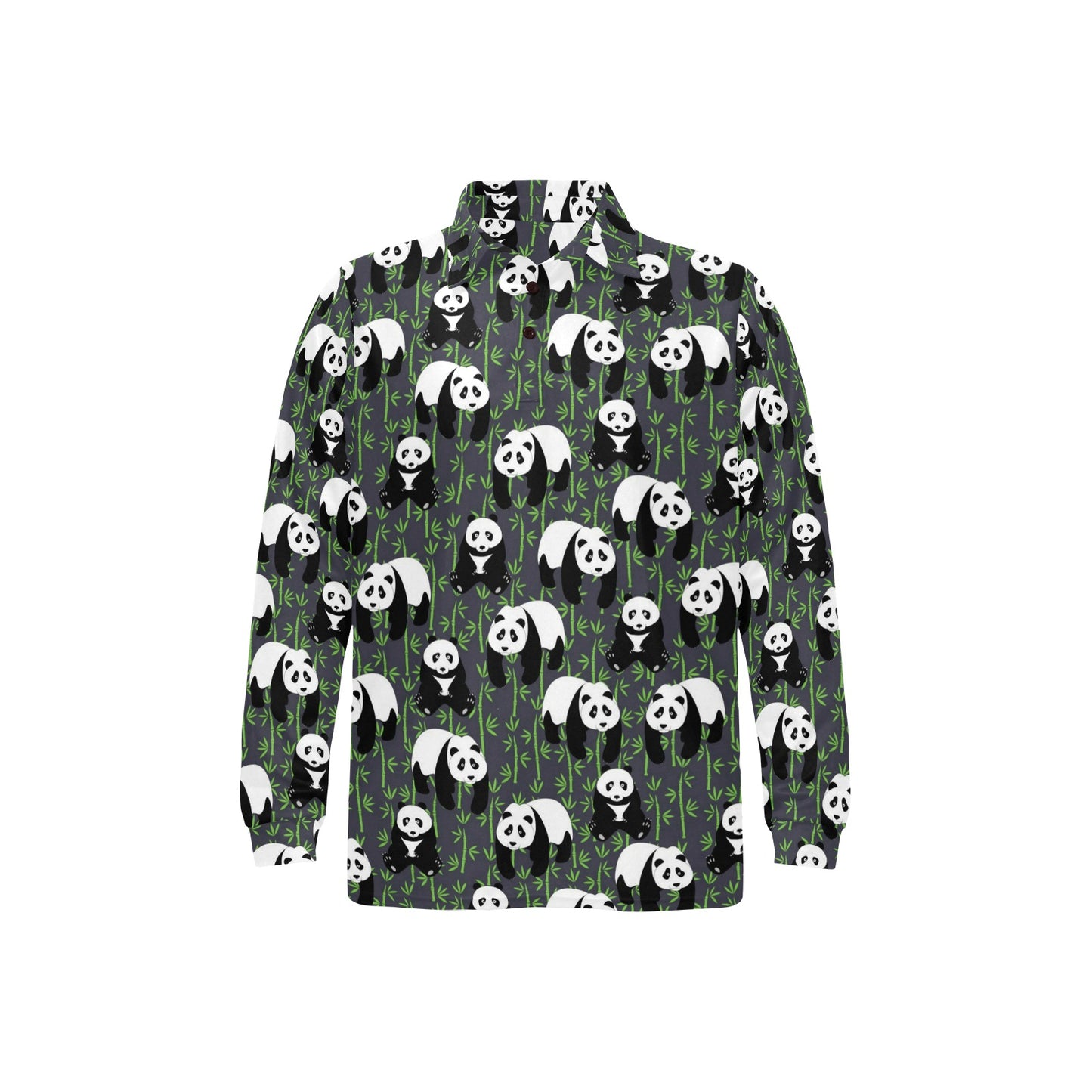 Panda Bear Bamboo Themed Print Long Sleeve Polo Shirt For Men's