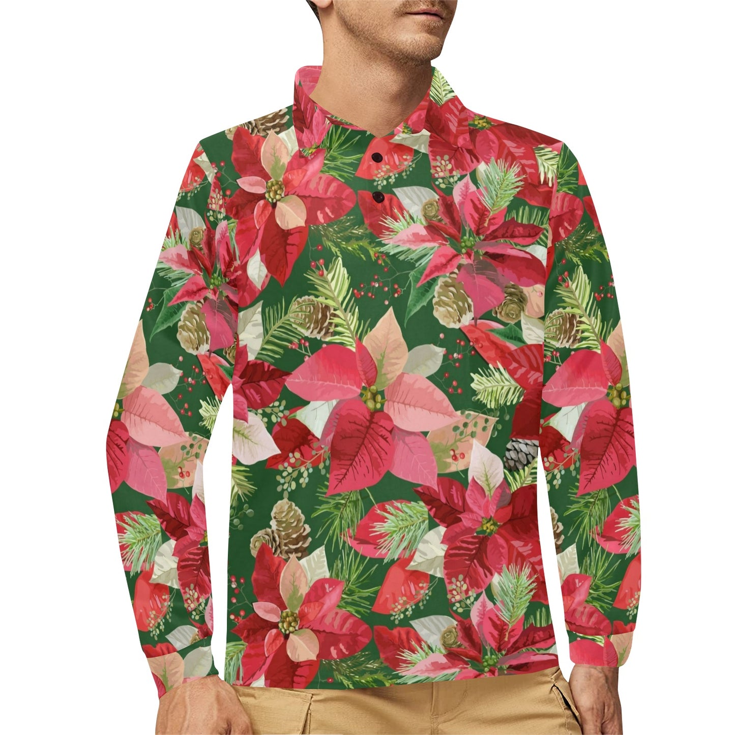 Poinsettia Pattern Print Design POT03 Long Sleeve Polo Shirt For Men's